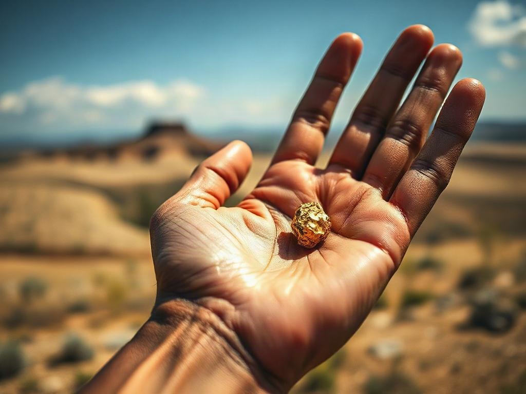 **AI Image Generation Prompt:**

Create a hyper-realistic high-resolution photo featuring a close-up shot of an open hand holding a small, shiny, golden mineral nugget. The hand should be well-groomed and of a diverse skin tone, symbolizing inclusivity and opportunity in the mineral rights market. The background should be softly blurred, depicting a Texas landscape with rolling hills and a clear blue sky, hinting at the vastness of the state’s mineral resources. The image should evoke a sense of discovery a