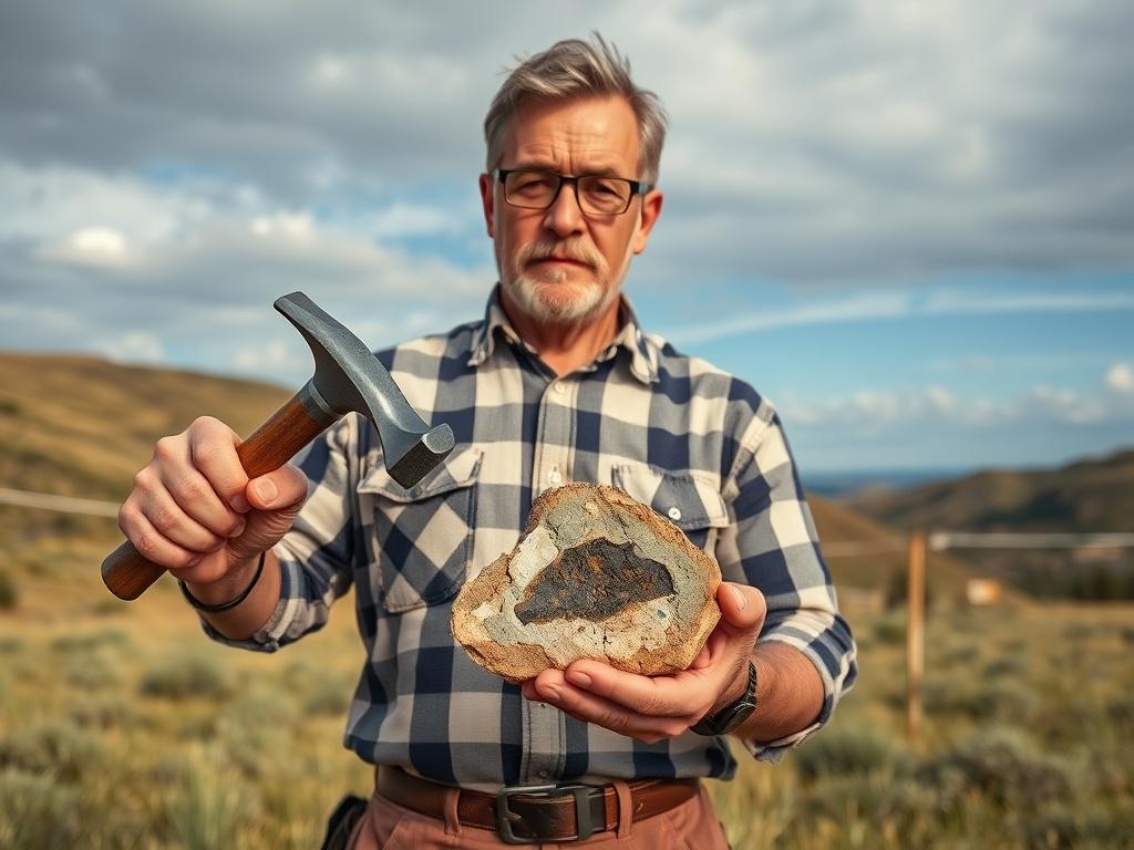 Create a highly realistic high-resolution photograph that embodies the theme of the blog titled "You Don’t Need to Sell 100% of Your Mineral Rights." 

**Composition**: Center the image around a single subject, a middle-aged person holding a geological hammer in one hand while examining a cross-sectional cut of a mineral-rich rock sample in the other. The subject should display a thoughtful expression, indicating consideration and confidence. 

**Subject Matter**: The subject will represent an investor or l
