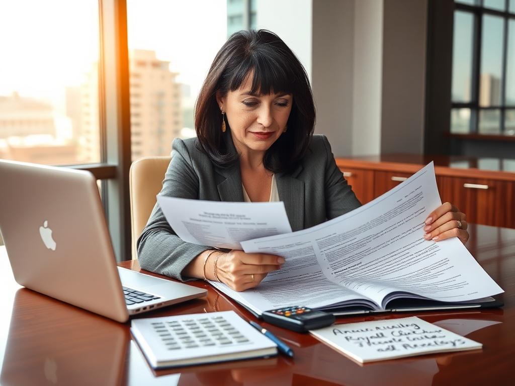 "Create a realistic high-resolution photo of a confident business professional, a middle-aged woman with shoulder-length dark hair, sitting at a polished wooden desk in a well-lit office. She is examining a detailed mineral rights lease document with a focused expression, symbolizing the assessment of mineral rights. The desk is neatly arranged with a laptop, a calculator, and a notepad with handwritten notes about royalties and production. In the background, a window reveals a sunny day outside, showcasing