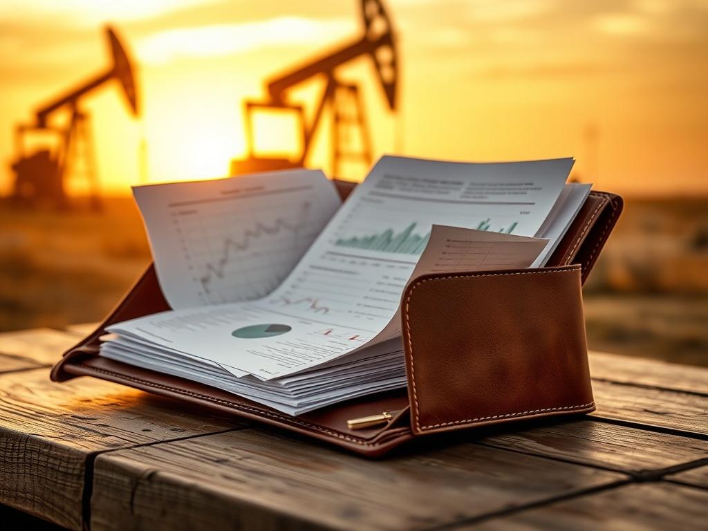 Create a realistic high-resolution close-up photograph that represents the theme of mineral rights and drilling timing. The main subject should be an open, well-worn leather folder or portfolio, placed on a rustic wooden table, symbolizing important documents related to mineral rights. 

Inside the folder, partially visible papers should feature detailed graphs and charts illustrating price fluctuations regarding the timing of drilling a well. The folder should have a tactile, authentic appearance, with sub