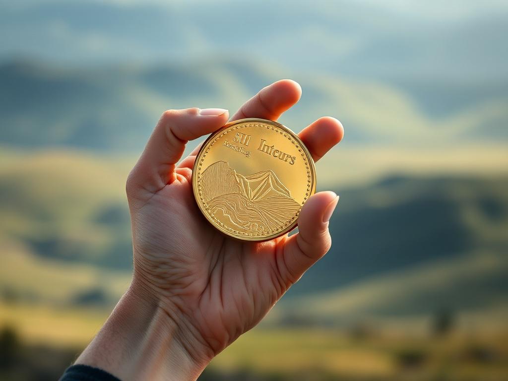 Create a highly detailed, high-resolution photo that visually represents the theme "The Pros and Cons of Selling Your Mineral Rights." The composition should be simple and clear, focusing on a single subject: a hand holding a shiny gold coin with the texture and look of a mineral specimen. The hand should be portrayed in a natural, relaxed manner, symbolizing contemplation and decision-making. 
In the background, subtly depict a blurred landscape of rolling hills with faint geological formations, suggestin