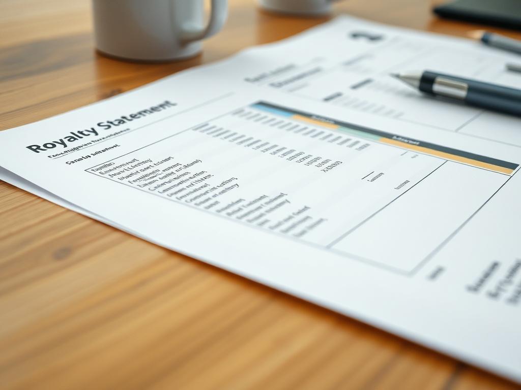 Create a realistic high-resolution close-up photograph of a royalty statement, capturing a single page of the statement laid flat on a wooden desk. The statement should feature various sections, lines of data, and highlighted areas to emphasize important information, such as payment amounts and explanation notes. The focus should be crisp, showcasing the intricate details of the printed text and numerical data while maintaining a clean and uncluttered background to avoid distractions.

Ensure the lighting i