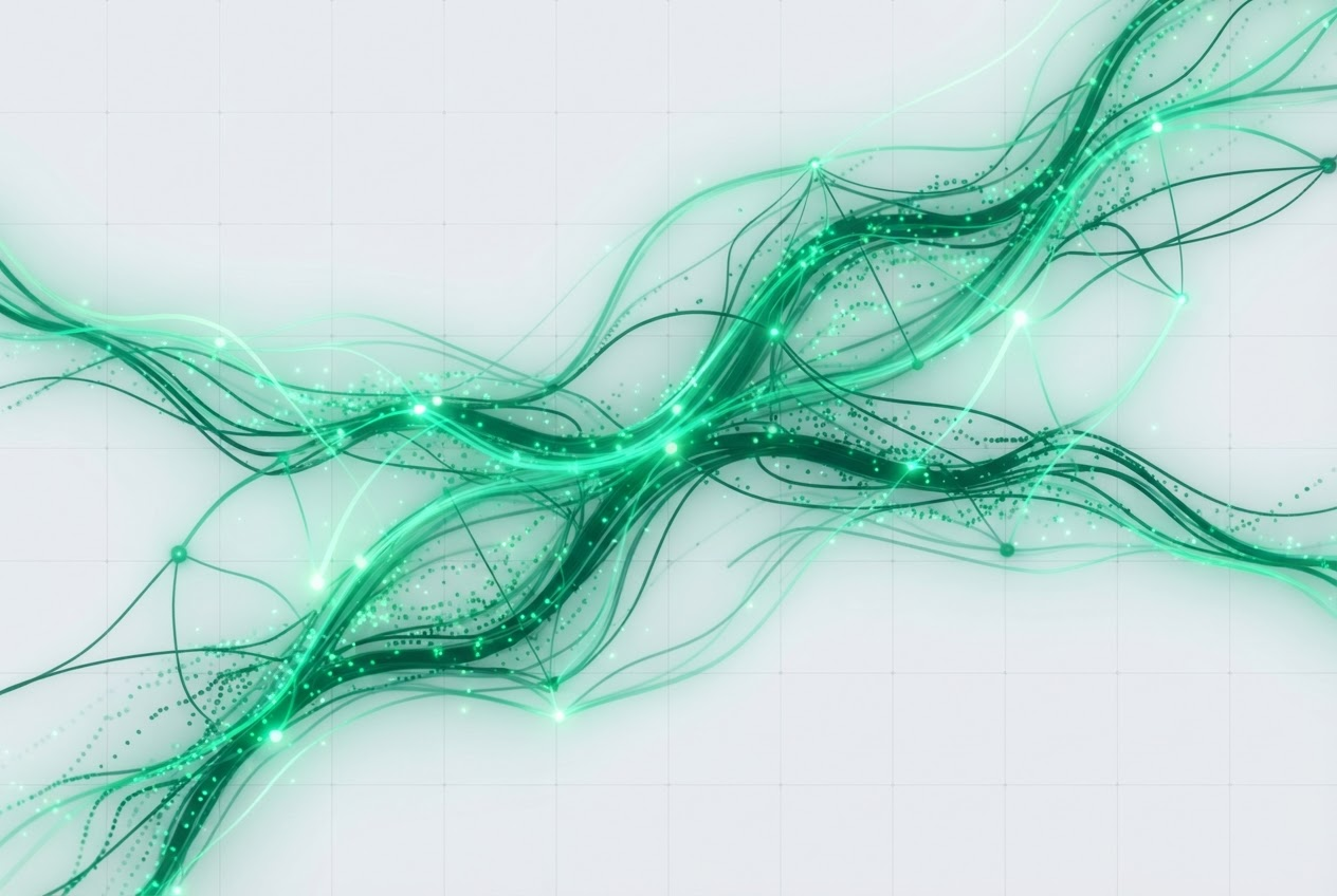 Abstract emerald data visualization with flowing light streams and network nodes