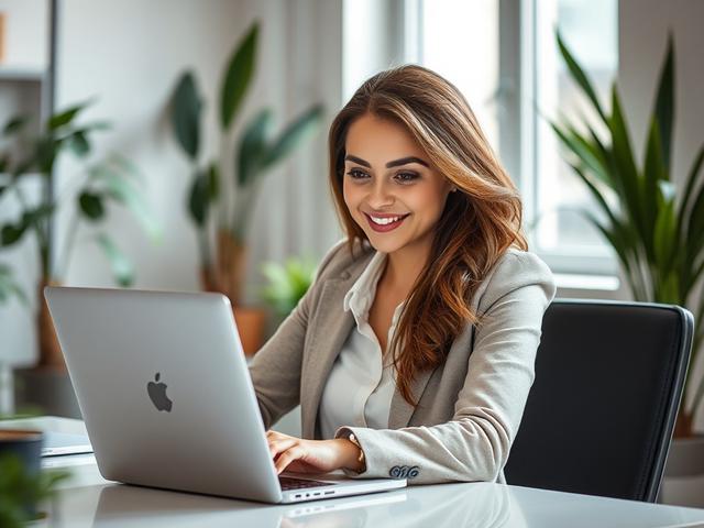 Create a realistic high-resolution image for a blog titled "Elevate Your Brand: Expert Strategies for Online Growth." The composition should be simple and clear, featuring a single subject—a confident businesswoman sitting at a modern desk with a laptop open in front of her, focused on her work. She should be dressed in professional attire, radiating positivity and determination. The background should be a softly blurred office environment, with plants and a window letting in natural light, giving a warm an