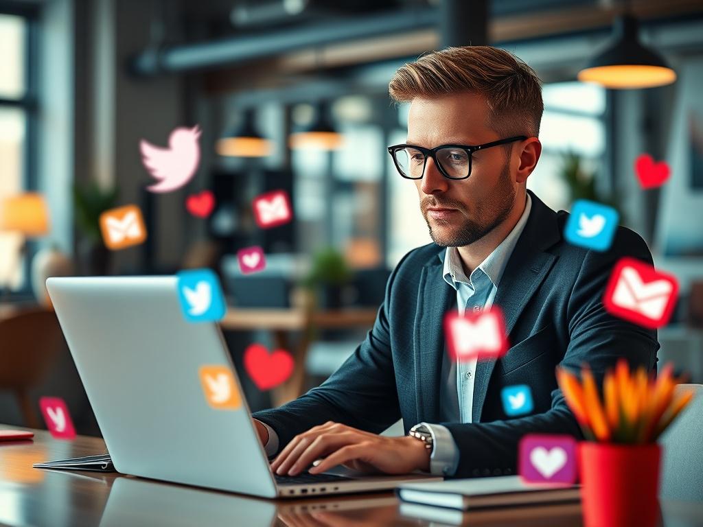 A close-up shot of a professional social media manager working on a laptop, surrounded by vibrant social media icons, in a modern office environment. The image should be hyper-realistic, focusing on the manager's focused expression, with a blurred background of a stylish workspace. The primary color rgb(245, 77, 77) should be subtly incorporated in the decor.
