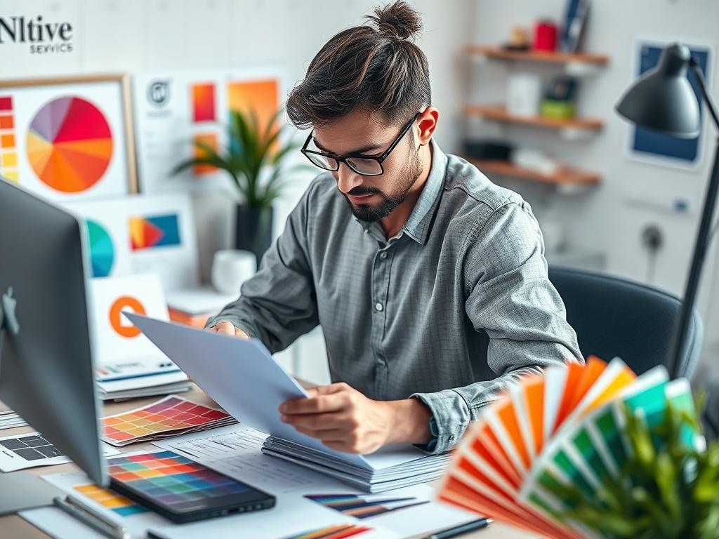 A close-up shot of a brand strategist working on a logo design, surrounded by color swatches and branding materials. The image should be hyper-realistic, focusing on the strategist's creative process. The background should be a stylish and modern workspace, with the primary color rgb(245, 77, 77) incorporated in the materials.