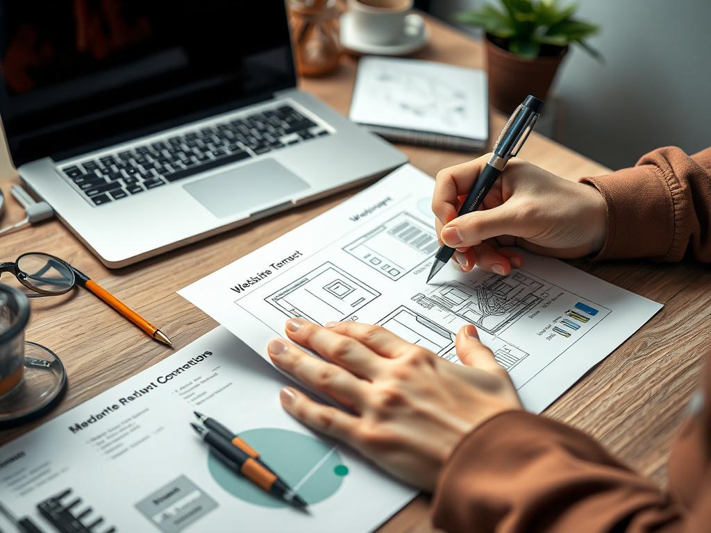 A close-up shot of a web designer sketching website layouts on paper, with a laptop and design tools in the background. The image should be hyper-realistic, focusing on the designer's hands and the creative process. The setting should have an artistic flair, and the primary color rgb(245, 77, 77) should be subtly integrated into the workspace.