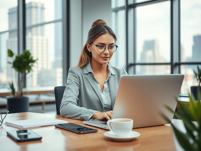 **Prompt for AI Image Generator:**

Create a hyper-realistic, high-resolution photo that visually represents the blog titled "The Power of Social Media for Business Growth." The image should feature a confident businesswoman sitting at a modern desk, deeply engaged in her work on a laptop. She has a focused expression, showcasing determination and enthusiasm for utilizing social media to elevate her business. 

The subject should be centered in the frame, taking up most of the image, with a slight depth of 