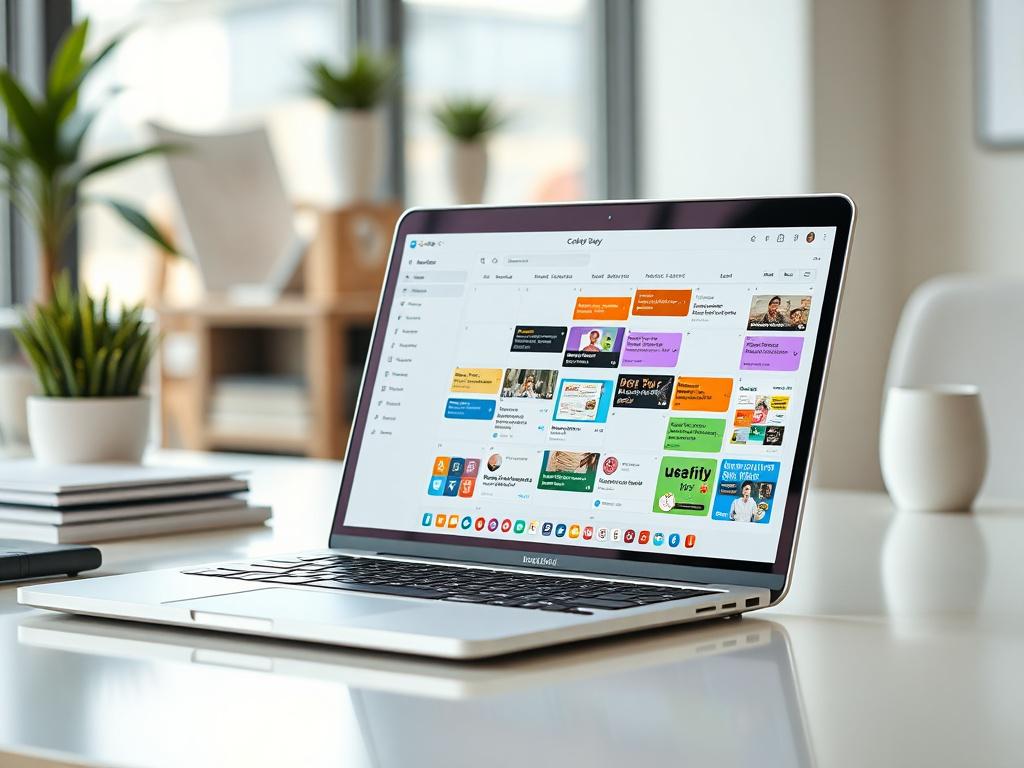 A hyper-realistic close-up shot of a modern workspace featuring a stylish laptop open to a vibrant social media calendar with colorful graphics and posts. The background is softly blurred, emphasizing the focus on the laptop. The scene should be bright and inviting, reflecting a professional yet creative atmosphere, shot with a 45mm f/1.2 lens.