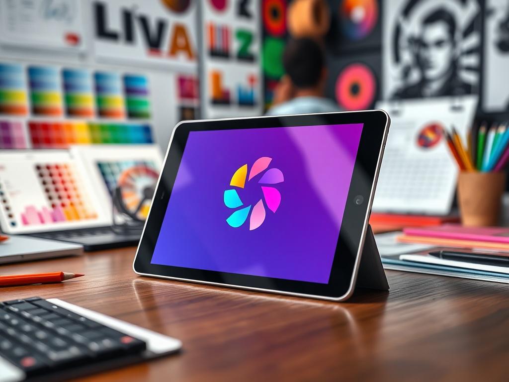 A hyper-realistic close-up shot of a graphic designer's workspace showcasing a digital tablet with a vibrant logo design on the screen. The background features colorful swatches and design tools, creating an inspiring environment. The scene captures creativity and professionalism, shot with a 45mm f/1.2 lens.