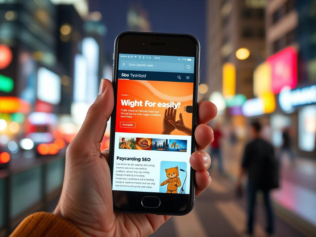 A close-up shot of a smartphone displaying a mobile-friendly website that is fully optimized for SEO. The smartphone should be held in a person's hand, with a blurred background of a vibrant cityscape. The scene should emphasize the ease of use and accessibility of the website on mobile devices. The colors should reflect the rgb(245, 77, 77) theme, creating a warm and inviting atmosphere that highlights the modern design.