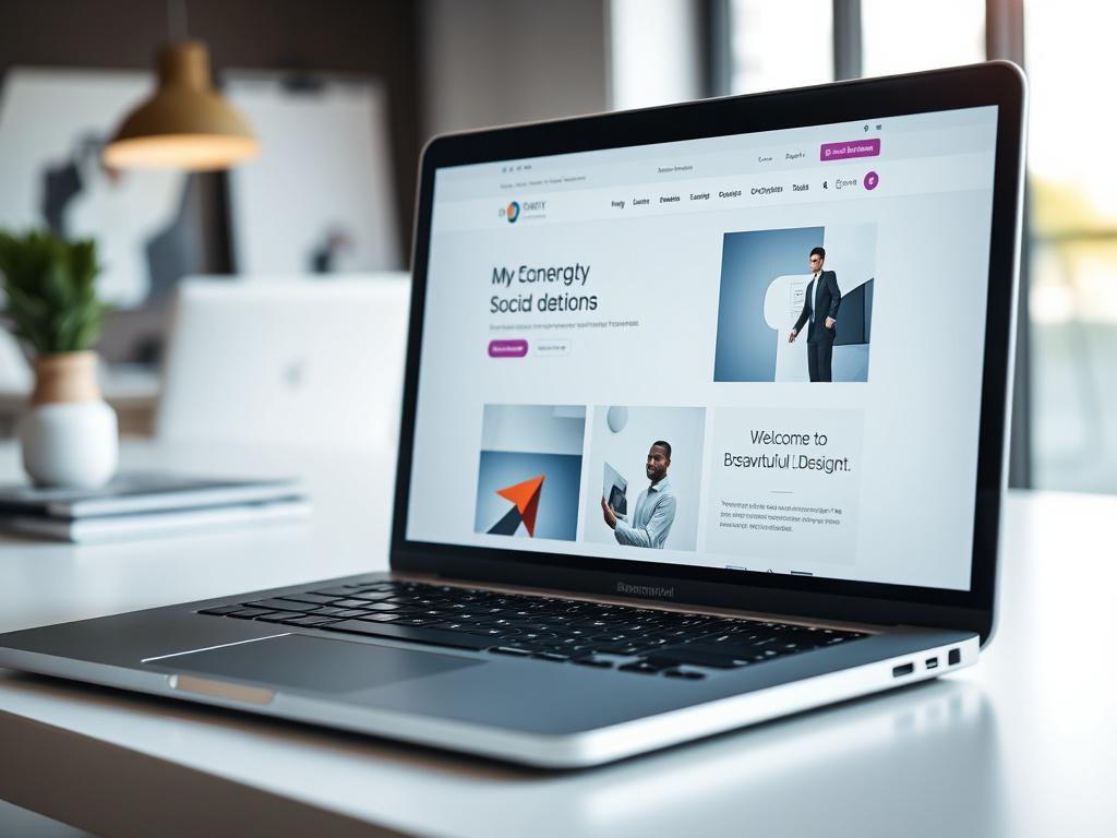A close-up shot of a laptop displaying a beautifully designed website interface. The laptop should be placed on a minimalist desk with a soft-focus background of a modern office environment. The scene should be well-lit, capturing the laptop's screen in detail while emphasizing the sleek design of the website. The primary color theme should incorporate shades of rgb(245, 77, 77). The image should evoke a sense of professionalism and creativity.