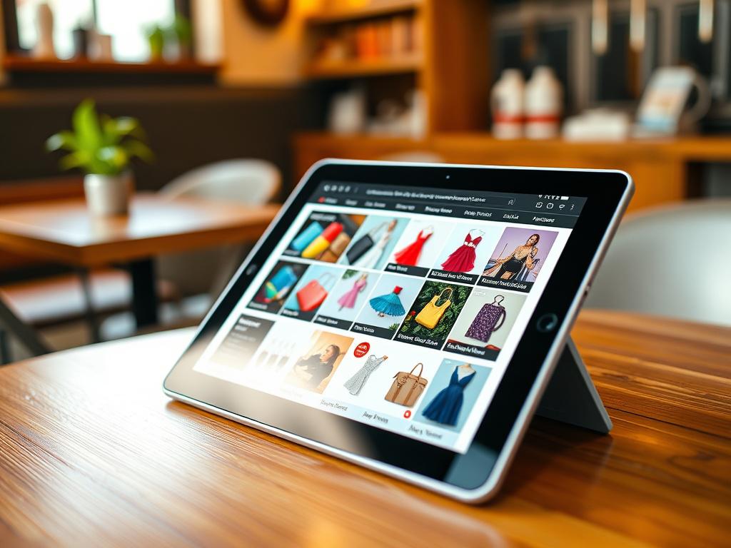 A close-up shot of a tablet displaying a colorful eCommerce website showcasing various products. The tablet should be placed on a wooden table with a cozy café background. The image should focus on the vibrant product images on the screen, conveying a sense of a bustling online shopping experience. The warm colors should incorporate rgb(245, 77, 77), reflecting the excitement of online shopping.
