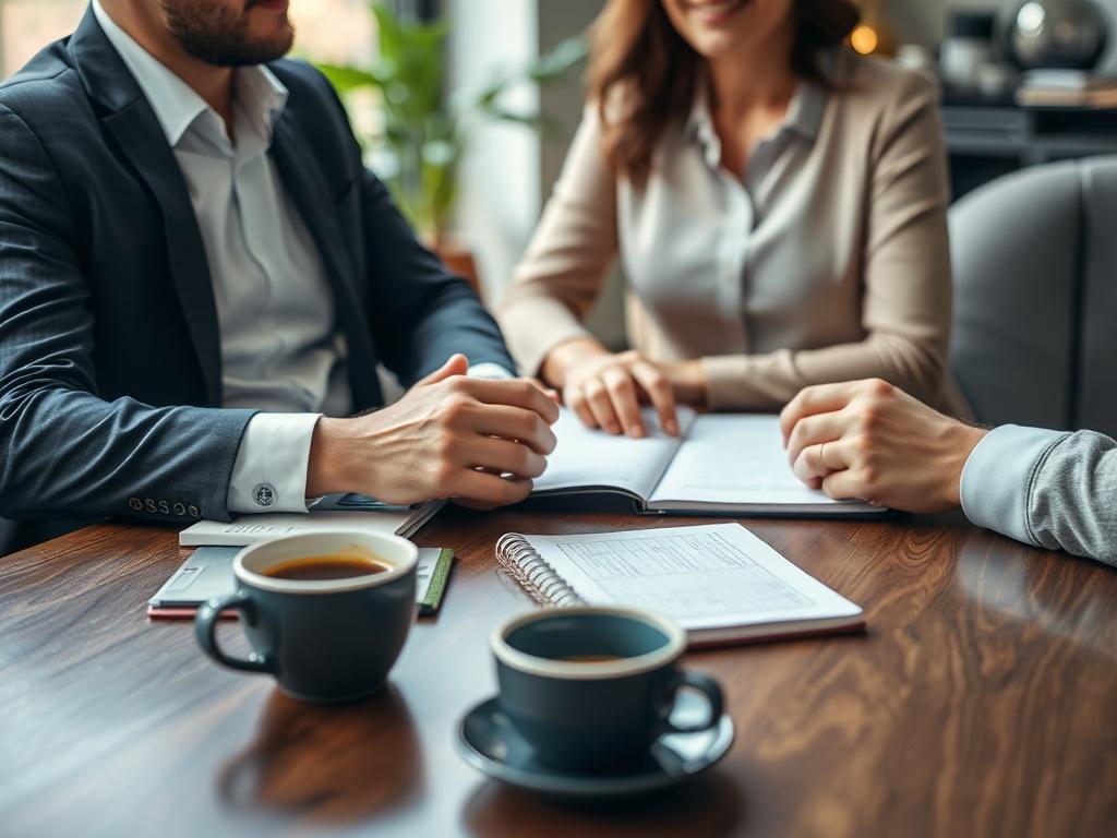 An inviting close-up shot of a business consultant discussing strategies with a client over a coffee table. The scene captures a notebook and coffee cups on the table, with a focus on the engaging conversation. The background is softly blurred, emphasizing the connection and collaboration between the consultant and client.