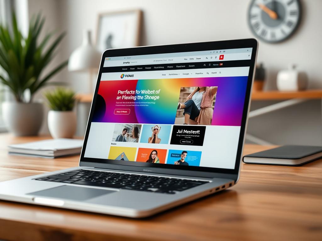 A close-up shot of a modern laptop displaying a beautifully designed website on the screen. The laptop is placed on a wooden desk with a minimalistic workspace in the background. The focus is sharp on the laptop screen, capturing the vibrant colors and layout of the website, while the background is softly blurred. The image should evoke a sense of professionalism and creativity.