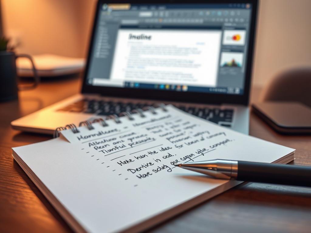 A high-resolution close-up image of a notepad and pen on a desk, with a laptop in the background displaying a document editing software. The notepad has handwritten notes and ideas, indicating the brainstorming process. The lighting is warm and inviting, creating a cozy atmosphere, while the focus is on the notepad, highlighting the creativity involved in content creation.