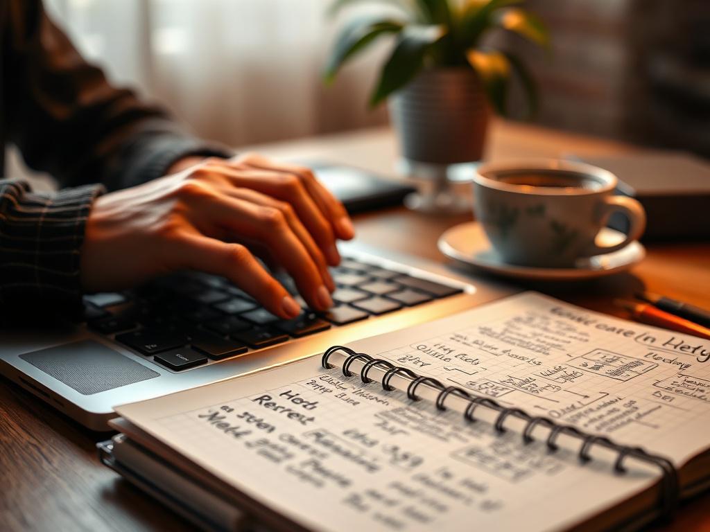 A hyper-realistic close-up shot of a hand typing on a sleek keyboard while a notepad filled with notes and ideas is visible in the foreground. The background features a softly blurred coffee cup and a plant, creating a warm and inviting atmosphere. The image should highlight the act of content creation, capturing the essence of inspiration and productivity. The primary color of the scene should align with rgb(245, 77, 77).