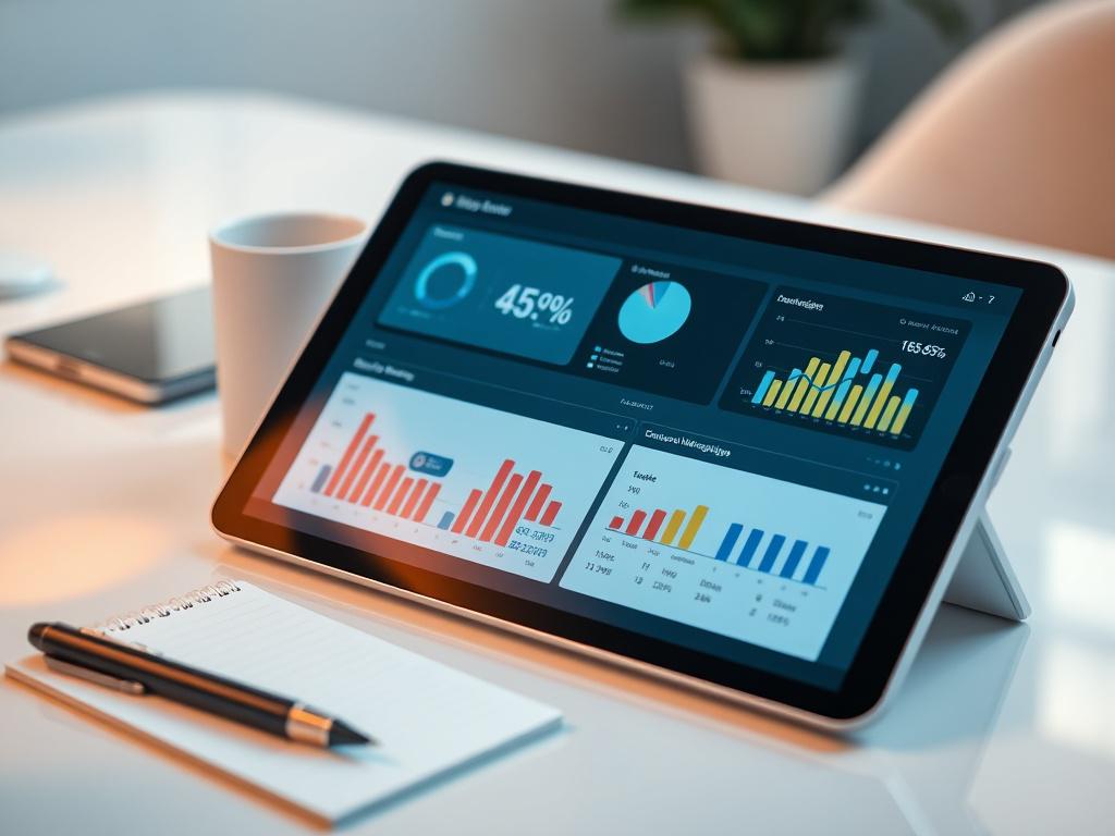 A hyper-realistic close-up shot of a digital marketing dashboard displayed on a tablet. The tablet is resting on a clean, modern desk with a notepad and a pen nearby. The dashboard features colorful graphs and statistics, reflecting successful marketing campaigns. Soft ambient lighting highlights the tablet, creating a professional yet inviting atmosphere. The primary color scheme should match rgb(245, 77, 77).