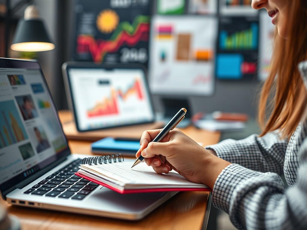 A hyper-realistic close-up shot of a creative professional brainstorming content ideas on a notepad, with a laptop and colorful graphics in the background. The environment should feel energetic and inspiring, highlighting the creative process behind building a dynamic brand presence.