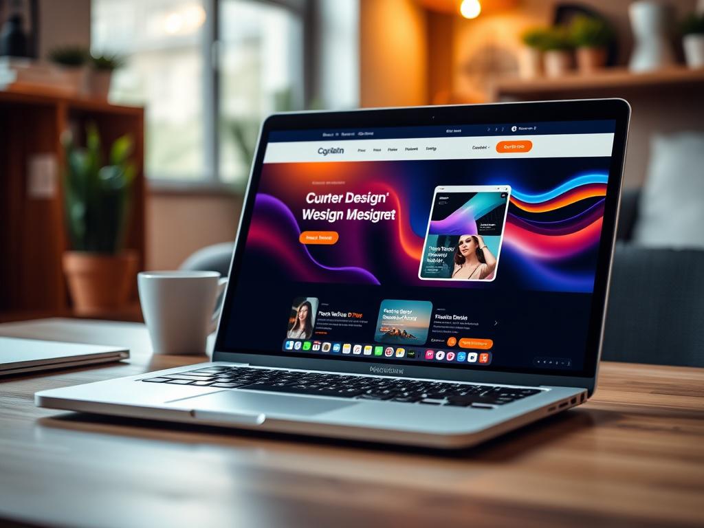 A hyper-realistic close-up shot of a professional website on a laptop screen, showcasing a beautifully designed homepage with vibrant colors and engaging graphics. The background should be softly blurred to focus on the laptop and the website, with a warm and inviting workspace ambiance, capturing the essence of modern digital design.