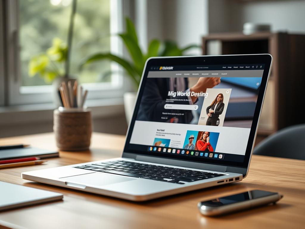 A close-up shot of a modern laptop displaying a beautifully designed website on its screen. The laptop is positioned on a wooden desk, surrounded by minimalist office supplies. Soft, natural lighting enhances the sleek design of the website, showcasing vibrant colors and engaging visuals. The background is blurred to keep the focus on the laptop and the website, with hints of greenery peeking through a nearby window.