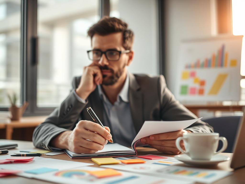 A close-up shot of a thoughtful business consultant brainstorming brand strategies on a notepad. The consultant is seated at a modern desk with a cup of coffee, surrounded by colorful sticky notes and charts. The background is softly blurred, emphasizing the consultant's focused expression as they write down ideas. Natural light filters in from a window, creating a warm and inviting atmosphere.