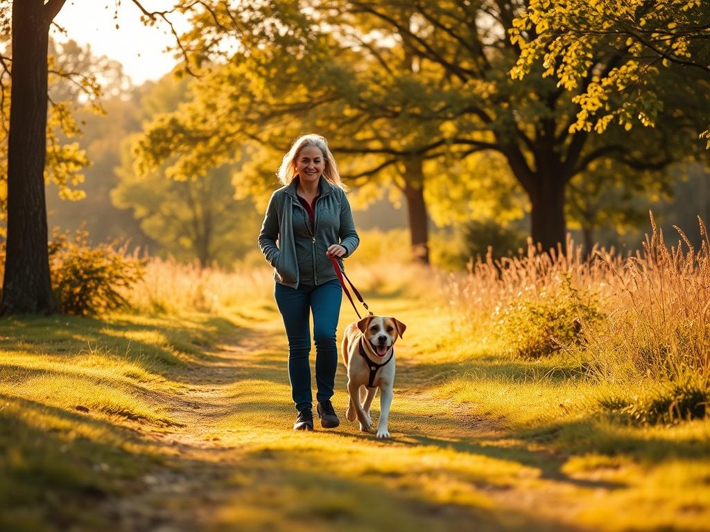 A serene scene depicting a dog walker in a peaceful