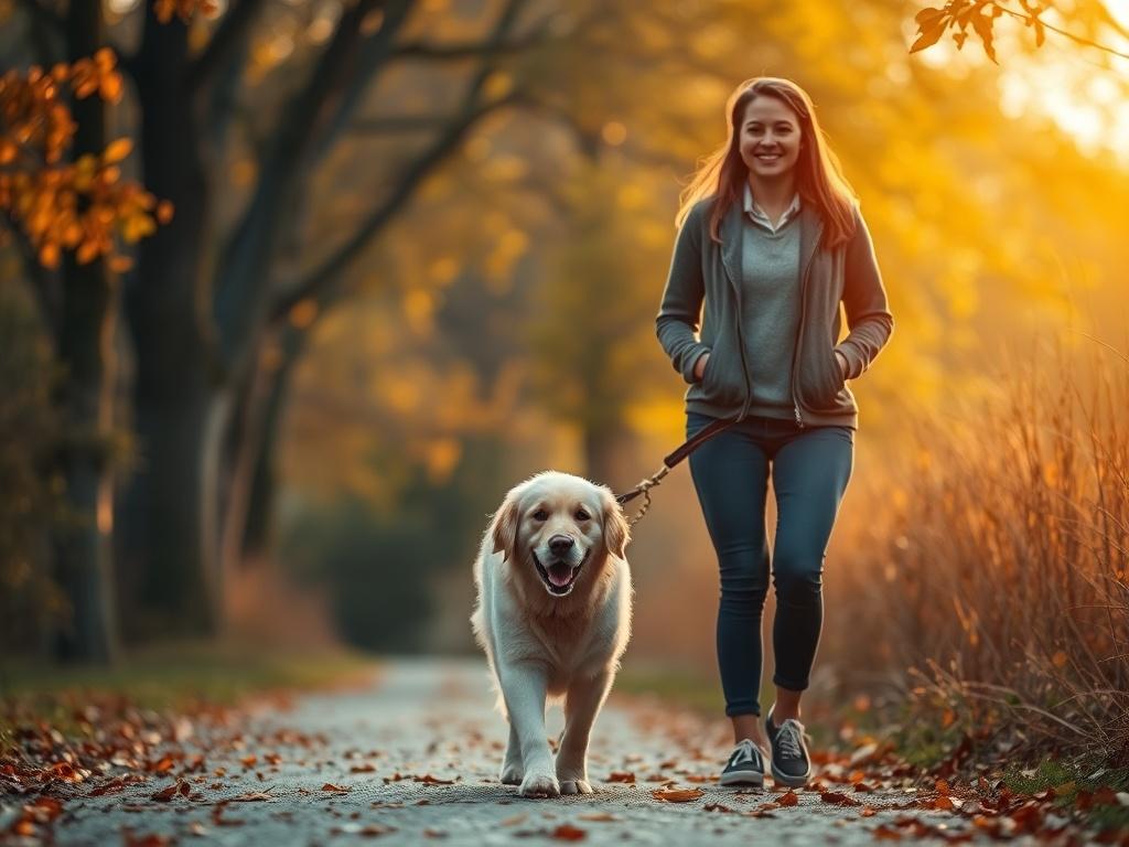 A serene scene of a dog being walked alone by