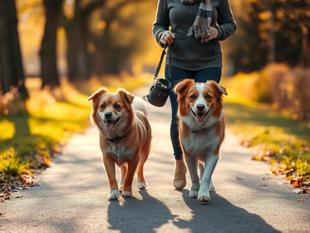 A warm and cheerful image of two dogs walking together