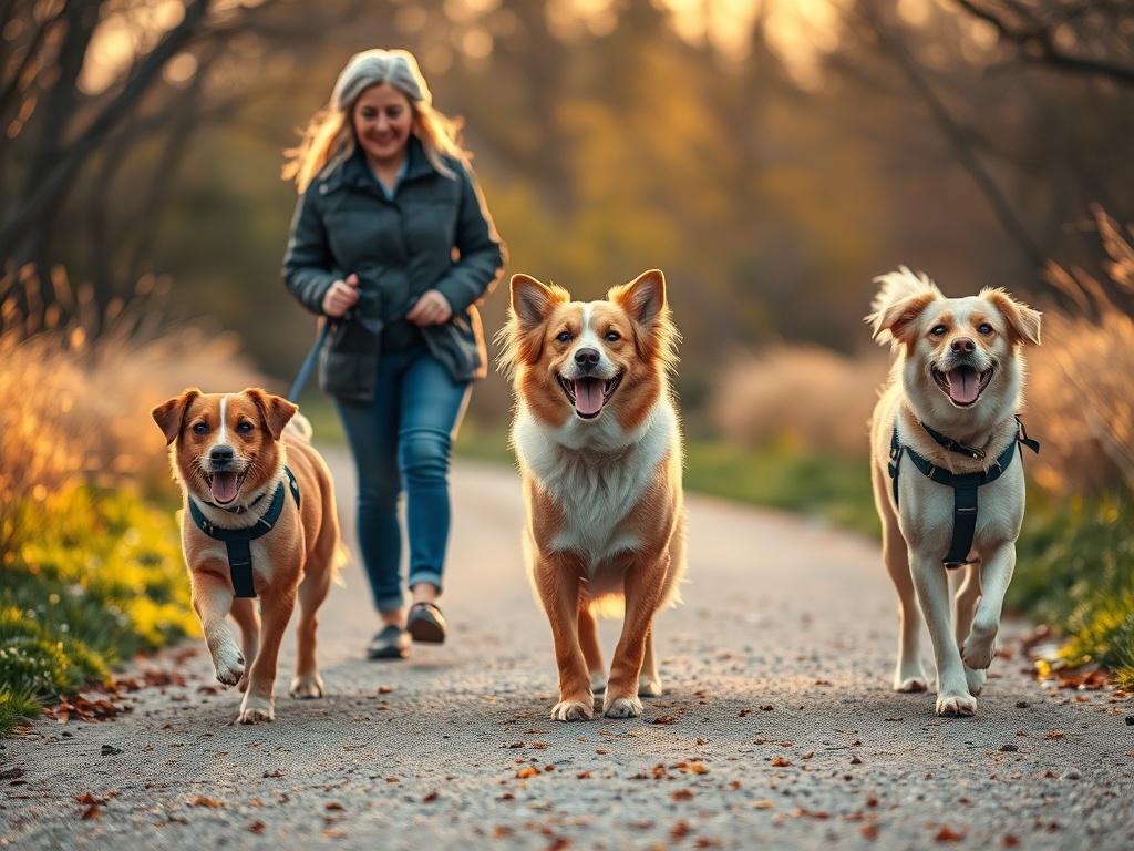 An inviting scene of three different dogs happily walking along