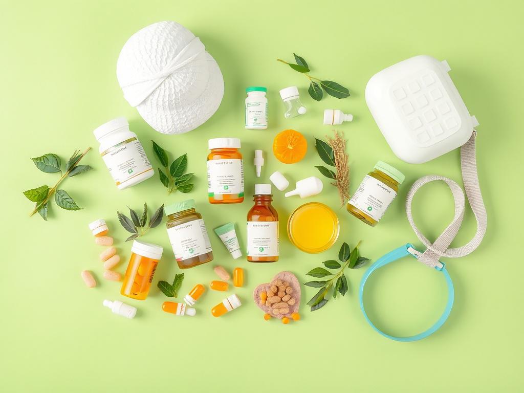 A high-resolution image of a variety of health and wellness products arranged neatly on a soft green background. The focus should be on vitamins, supplements, and fitness gear, with natural lighting highlighting the textures and colors. The composition should be simple and clear, featuring only the products without any text or abstract shapes.