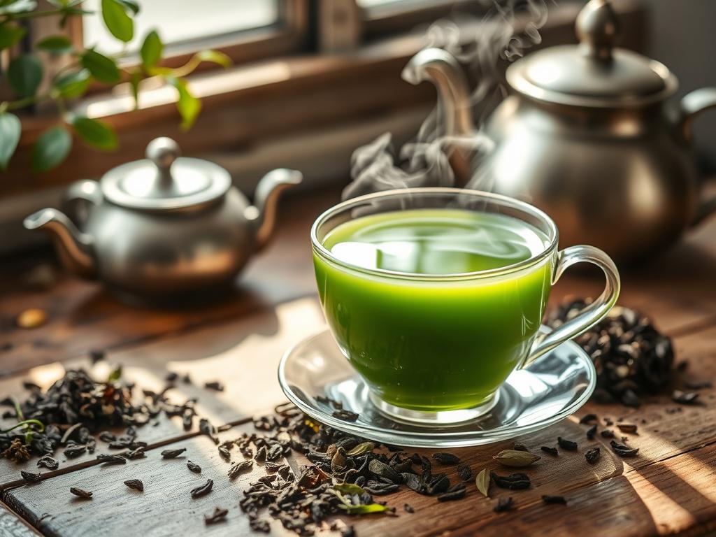 A steaming cup of premium organic green tea placed on a rustic wooden table, surrounded by loose tea leaves and a small teapot. The scene is softly lit by natural light, highlighting the vibrant green color of the tea and the delicate steam rising from the cup, creating a tranquil and inviting ambiance.
