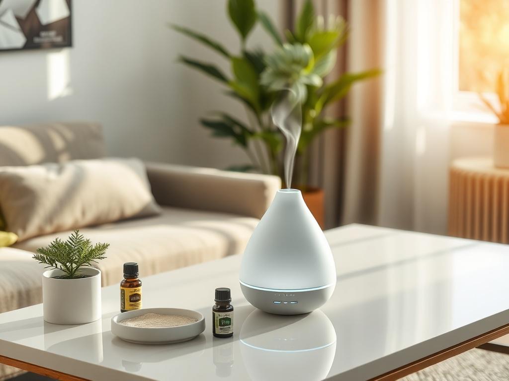 A sleek multi-purpose essential oil diffuser placed on a modern coffee table, with essential oil bottles and a small plant nearby. The diffuser emits a gentle mist, and soft LED lights create a calming ambiance in the room. Natural light filters through a nearby window, casting a warm glow on the scene, emphasizing a serene and inviting atmosphere.