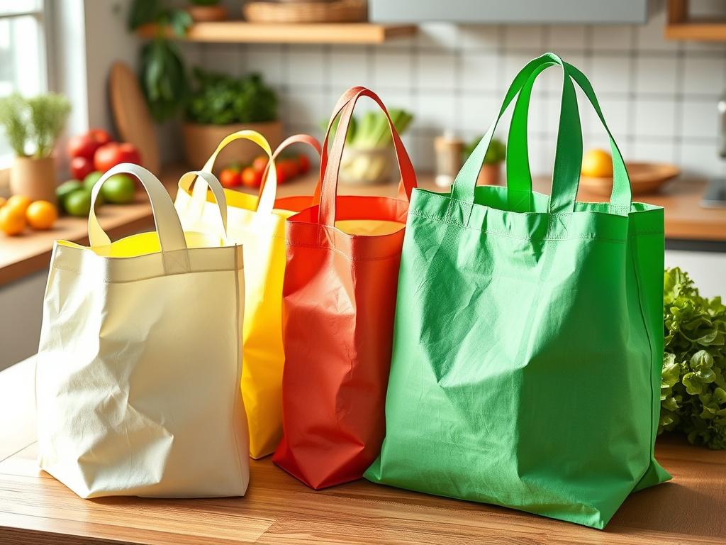 A set of eco-friendly reusable grocery bags in various vibrant colors and patterns, displayed on a wooden kitchen table with fresh produce in the background. The bags are open, showcasing their spacious interiors. Natural lighting illuminates the scene, highlighting the texture and colors of the bags, with a soft green and white theme creating a fresh and inviting atmosphere.