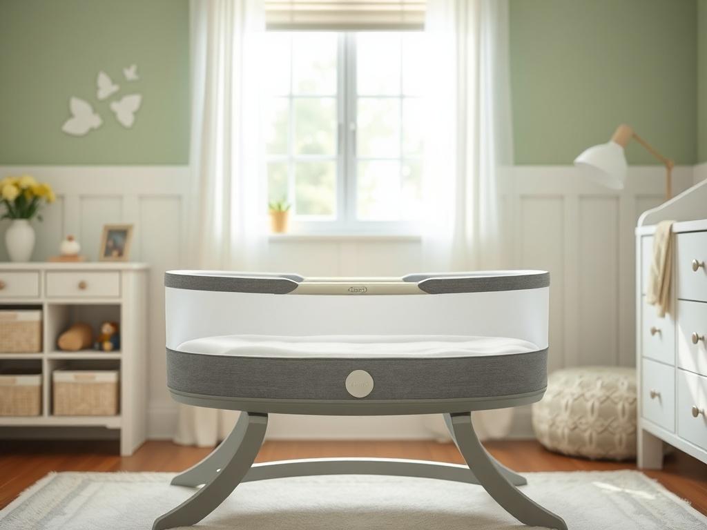 A realistic high-resolution photo of the 4moms MamaRoo Sleep Bassinet, showcasing its sleek design and adjustable features. The bassinet should be positioned in a softly lit nursery environment, emphasizing the calming atmosphere with natural light filtering through a window. The background should include soft green tones and white accents, creating a fresh and inviting visual style. The focus should be solely on the bassinet, highlighting its fabric textures and modern features.