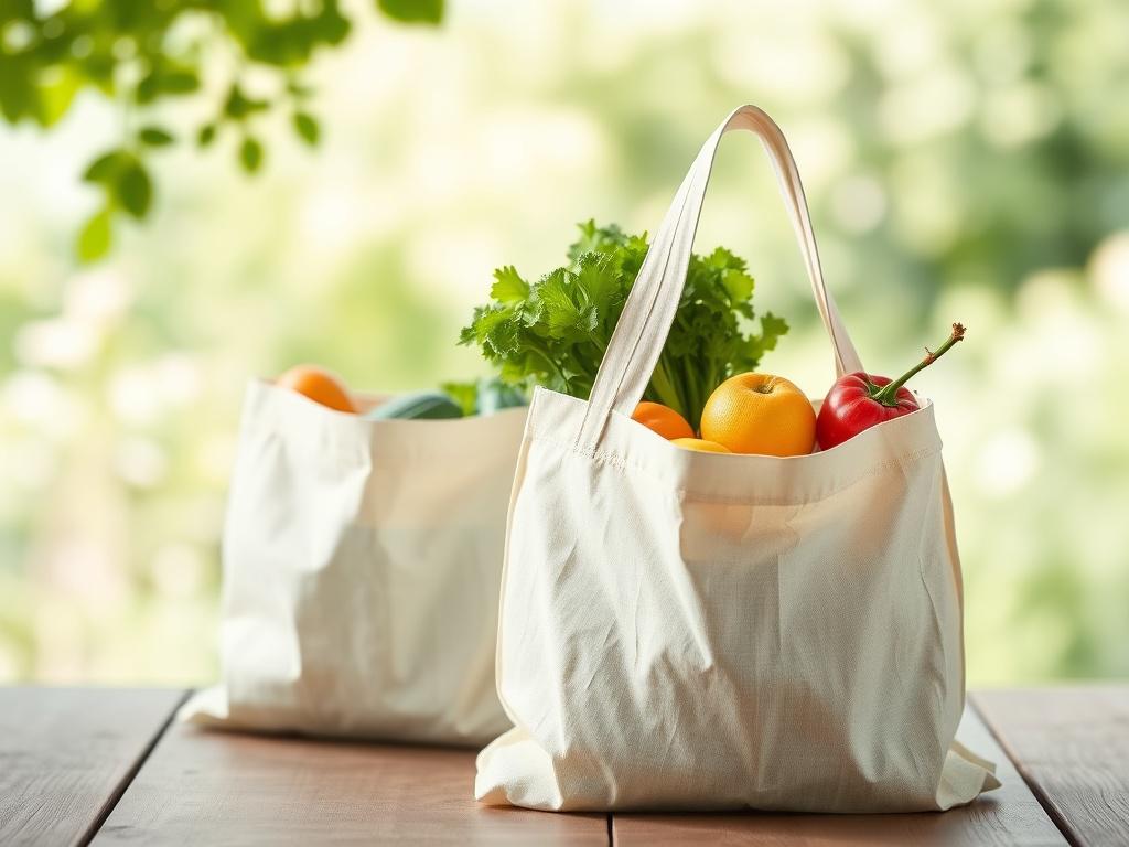 A fresh and inviting photo of eco-friendly reusable grocery bags in a natural setting. The bags should be filled with fresh produce, showcasing their spacious design. The background should be a light and airy outdoor scene with soft greens and whites, emphasizing a clean and eco-conscious vibe. The lighting should be natural, highlighting the texture of the bags and the vibrant colors of the produce.
