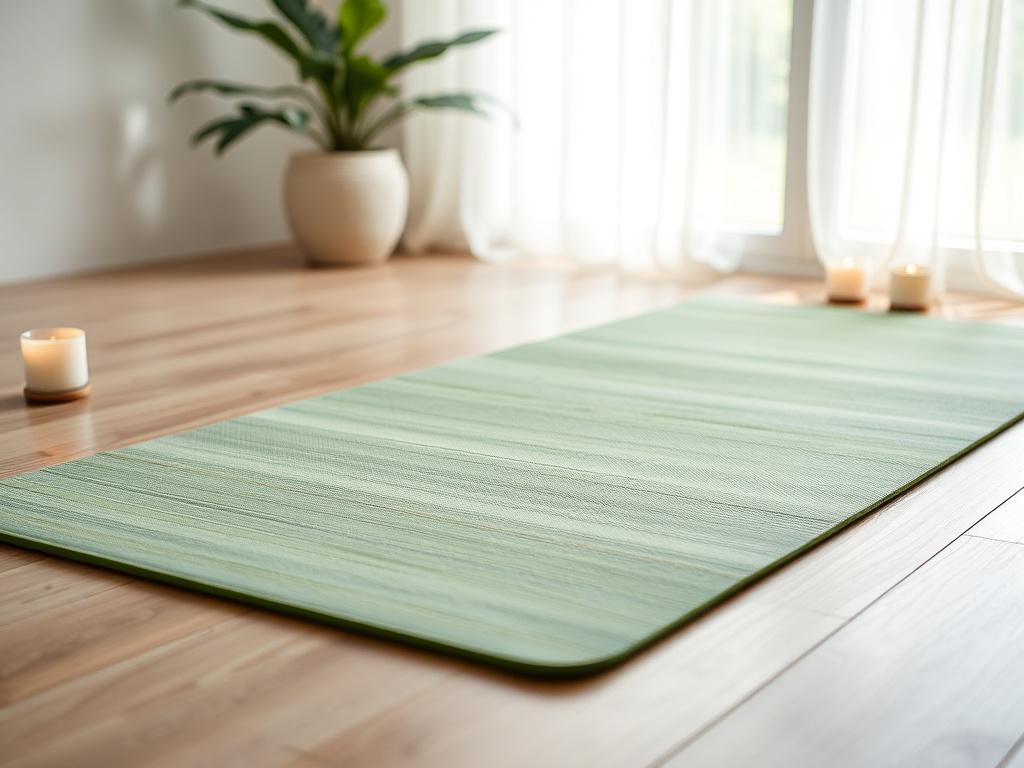 Capture a high-resolution image of a premium yoga mat laid out in a serene indoor setting, with soft natural light illuminating the scene. The mat should have a textured surface and be adorned with calming colors. Surrounding the mat, include a few decorative elements like candles or plants to enhance the tranquil atmosphere, creating a space that invites relaxation and mindfulness.