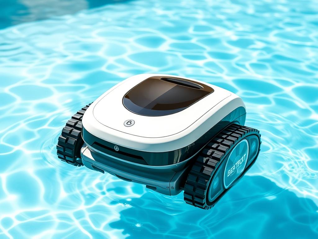 Create a realistic high-resolution image of the Beatbot AquaSense 2 Cordless Robotic Pool Vacuum Cleaner. The vacuum should be the sole focus of the image, displayed in a sparkling blue pool water setting. The background should feature soft greens and whites, with natural lighting highlighting the vacuum's sleek design. The scene should evoke a fresh and inviting atmosphere, emphasizing clarity and trust.
