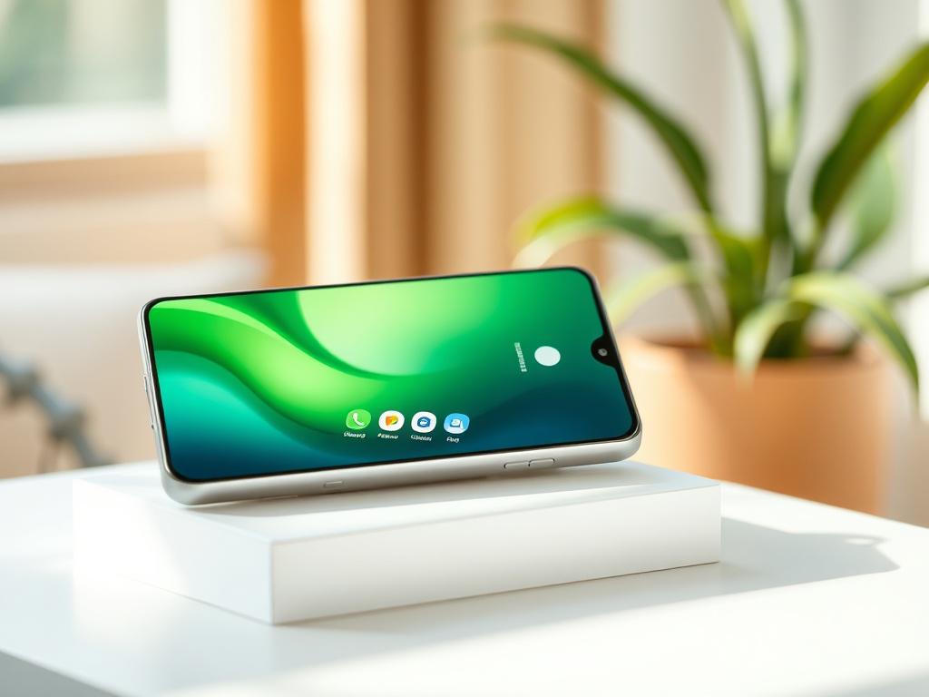 Create a realistic high-resolution image of the Samsung Galaxy S25 Ultra 512GB AI Smartphone. The smartphone should be the only subject, placed on a clean, white surface. The background should be softly blurred to emphasize the device, with natural lighting illuminating the screen and highlighting its sleek design. The smartphone's display should show a vibrant home screen, showcasing various apps. Use soft greens and whites in the composition to convey a fresh and inviting atmosphere.