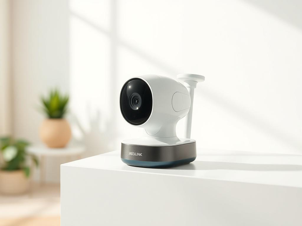 A realistic high-resolution photo of the REOLINK 4K Security Camera System placed on a clean, bright surface. The camera should be the main focus, showcasing its sleek design and features. The background should be soft and inviting, with natural lighting illuminating the camera. Use soft greens and whites to reflect a fresh and trustworthy atmosphere.