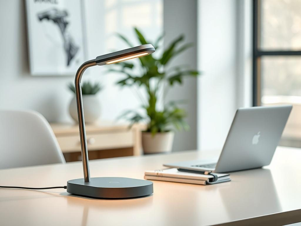 A high-resolution image of a smart LED desk lamp in a modern office setting. The lamp should be turned on, casting a warm glow on a stylish desk. In the background, include a laptop, a notebook, and some greenery, emphasizing a productive and inviting workspace. Use natural lighting to enhance the clean and sophisticated look of the scene.
