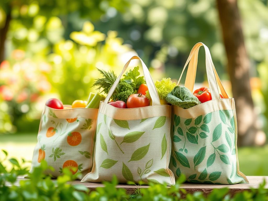 A high-resolution image of eco-friendly reusable grocery bags displayed in a natural outdoor setting, with vibrant colors and patterns. The bags should be filled with fresh vegetables and fruits, showcasing their capacity. The background should feature soft greens and whites with natural lighting, creating a fresh and inviting atmosphere.