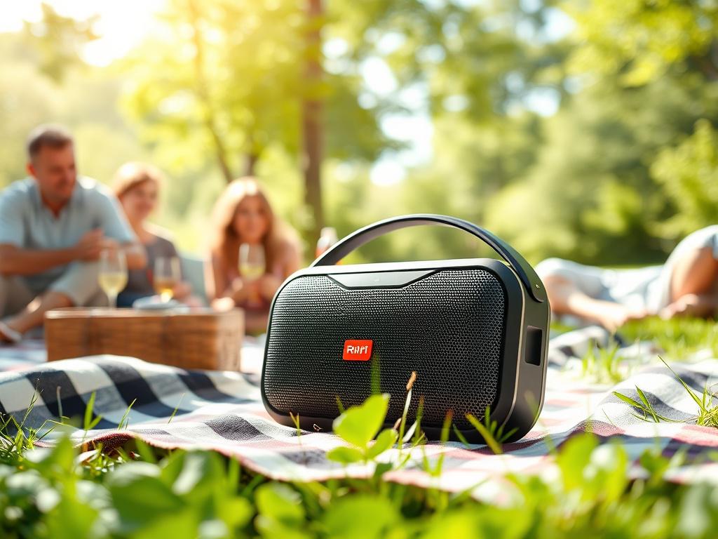 A high-resolution image of a portable Bluetooth speaker positioned on a picnic blanket outdoors. The scene should include a sunny day with people enjoying a picnic in the background, showcasing the speaker's portability. Use natural lighting to highlight the speaker's design and the surrounding greenery, creating a vibrant and lively atmosphere.