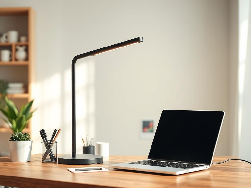 A modern smart LED desk lamp positioned on a stylish wooden desk. The lamp should feature a sleek design with adjustable brightness and color temperature settings. The background should be softly lit, creating an inviting workspace atmosphere. Include a laptop and a few stationery items on the desk, highlighting a productive environment.