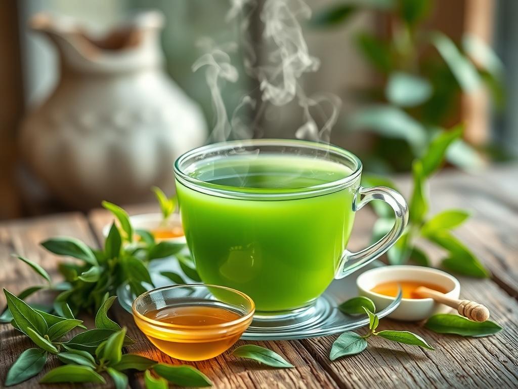 A steaming cup of organic green tea placed on a rustic wooden table. Surround the cup with fresh green tea leaves and a small bowl of honey. The background should be softly blurred to focus on the tea cup, with natural light enhancing the vibrant green colors and creating a warm, inviting atmosphere.