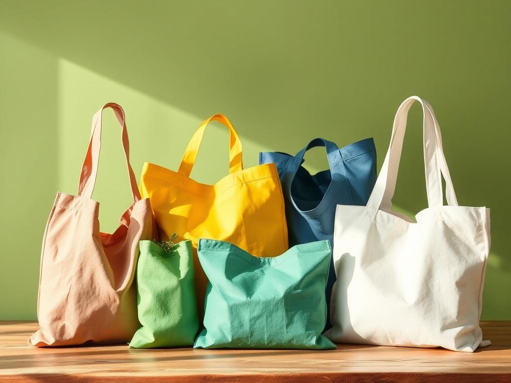 A collection of eco-friendly reusable shopping bags in various colors and designs, arranged neatly on a wooden surface. The bags should be made of durable material, showing their foldable feature. Natural light should illuminate the scene, highlighting the vibrant colors and textures of the bags, set against a soft green background to emphasize eco-friendliness.