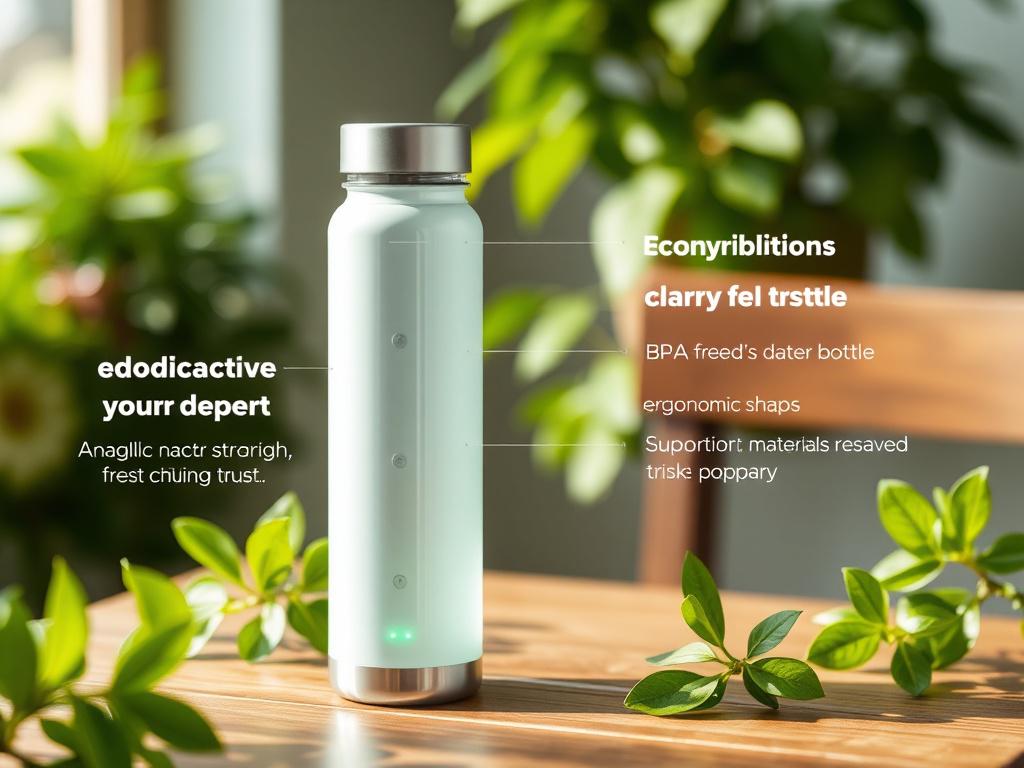A high-resolution image of a sleek smart water bottle, featuring a modern design with LED indicators. The bottle should be placed on a wooden table, surrounded by greenery to convey freshness. Soft, natural lighting should enhance the clarity of the bottle's features, emphasizing its BPA-free materials and ergonomic shape.