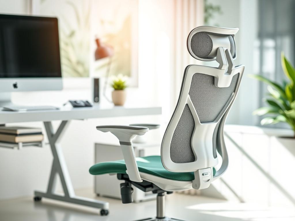 A high-resolution image of an ergonomic office chair in a modern office setting. The chair should be prominently displayed against a backdrop of a stylish desk and computer setup, with natural light streaming in through a nearby window. The focus should be on the chair's adjustable features and breathable mesh.