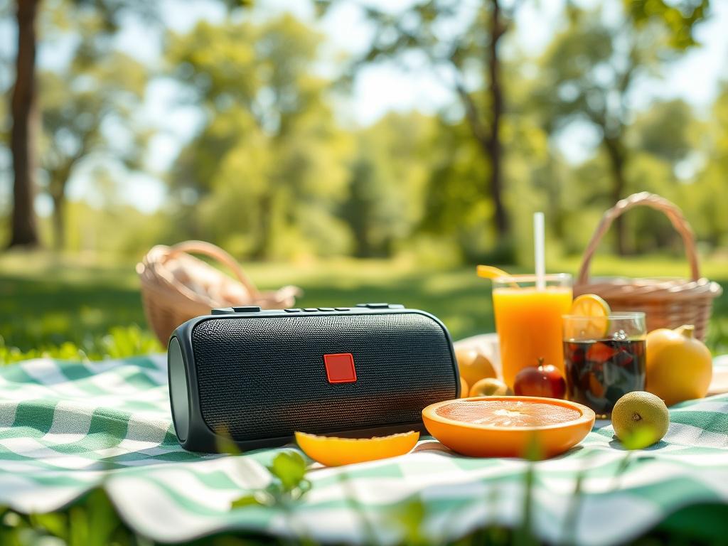 A high-resolution image of a portable Bluetooth speaker placed on a picnic blanket in a vibrant outdoor setting. The speaker should be surrounded by colorful picnic items like fruits and drinks, with trees and sunshine in the background to convey a lively, fun atmosphere.