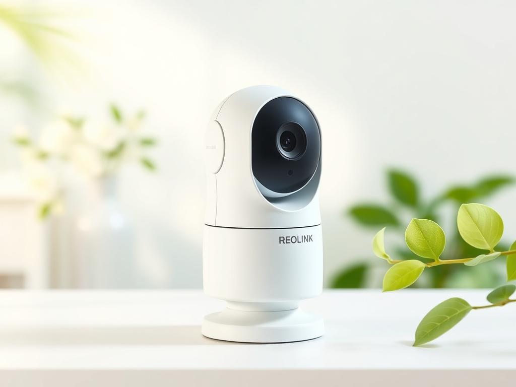 A realistic high-resolution photo of the REOLINK 16MP WiFi Security Camera, positioned on a clean white background. The camera is sleek and modern, showcasing its advanced lens and features. Soft natural lighting highlights the camera's details, while soft greens and whites in the background create a fresh and inviting atmosphere.